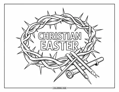 Keresztény húsvéti kifestő gyerekeknek: Töviskorona és szegek a "Christian Easter" felirat alatt