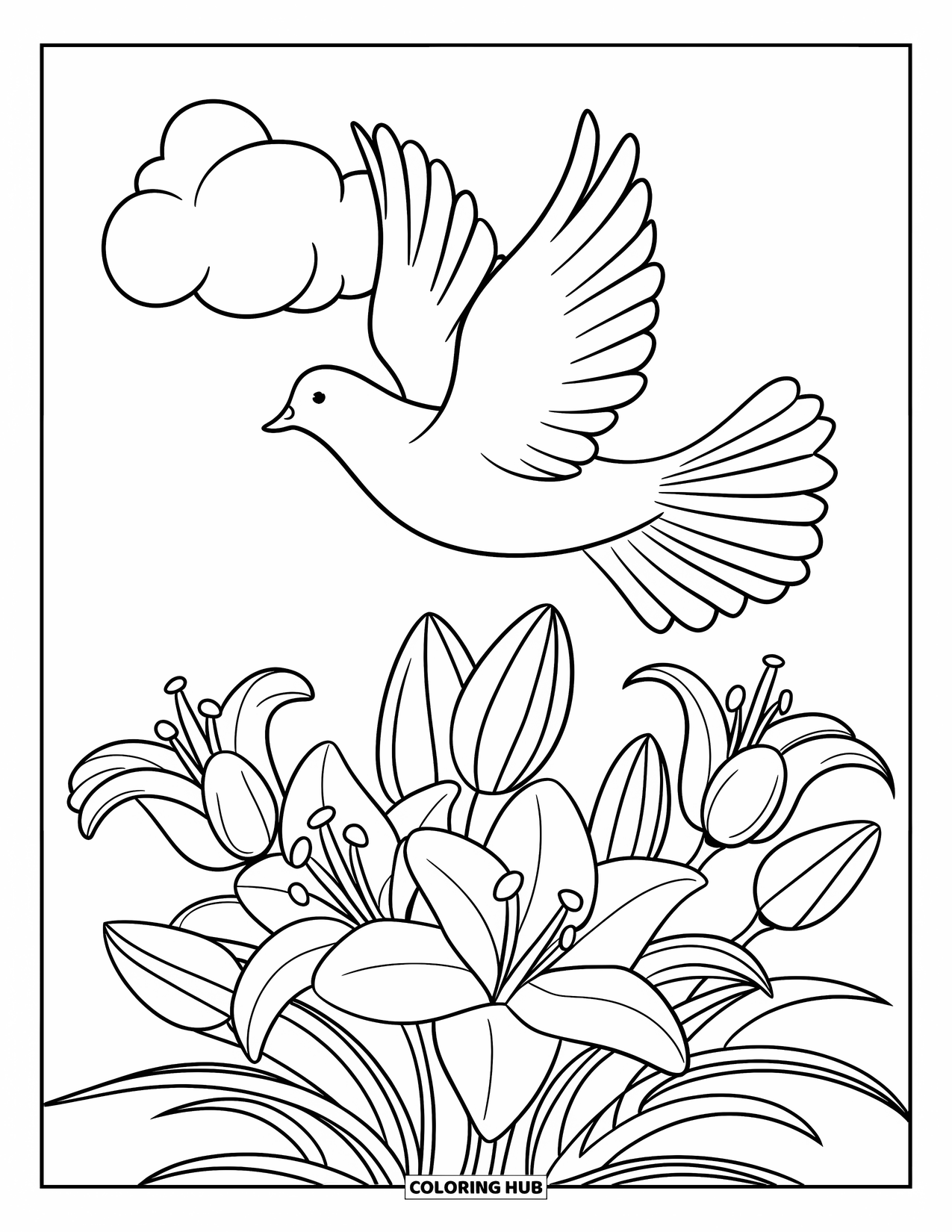 Christian Easter Coloring Page for Kids: A dove flies above lilies beneath a clear, peaceful sky