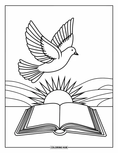 Keresztény húsvéti kifestő gyerekeknek: Galamb repül Biblia felett, mögötte a felkelő nap