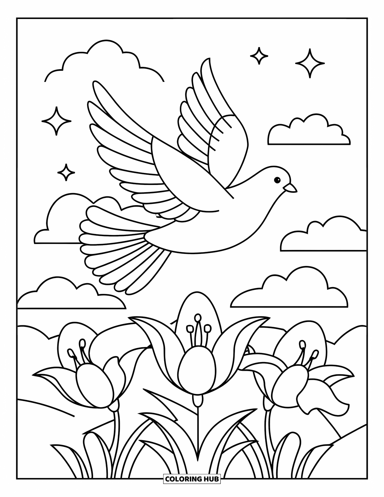 Christian Easter Coloring Page for Kids: A dove soars over lilies surrounded by stars and clouds