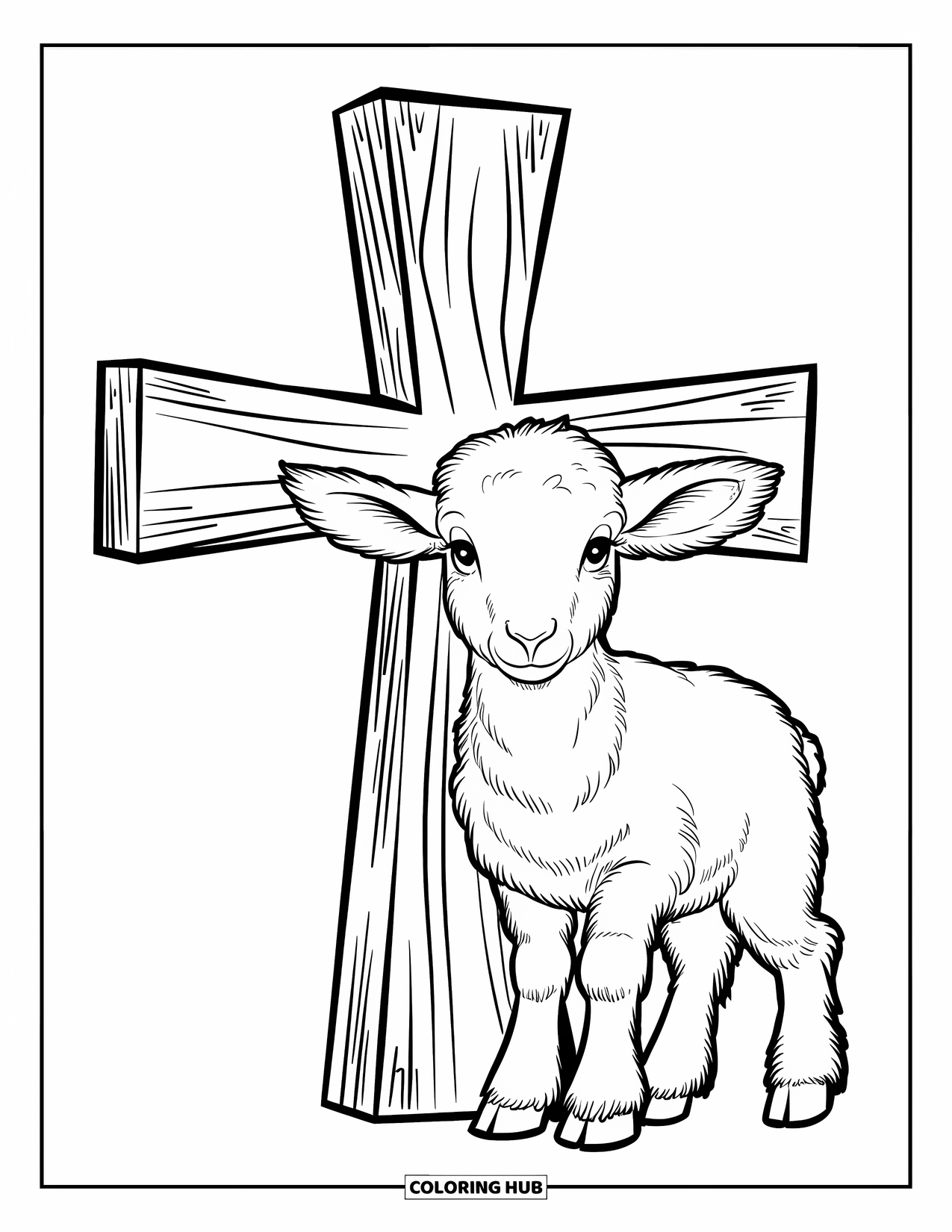 Christian Easter Coloring Page for Kids: A fluffy lamb rests beside a wooden Easter cross