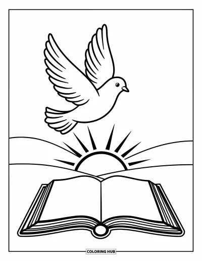 Keresztény húsvéti kifestő gyerekeknek: Szelíd galamb repül egy Biblia felett húsvét reggeli fényben