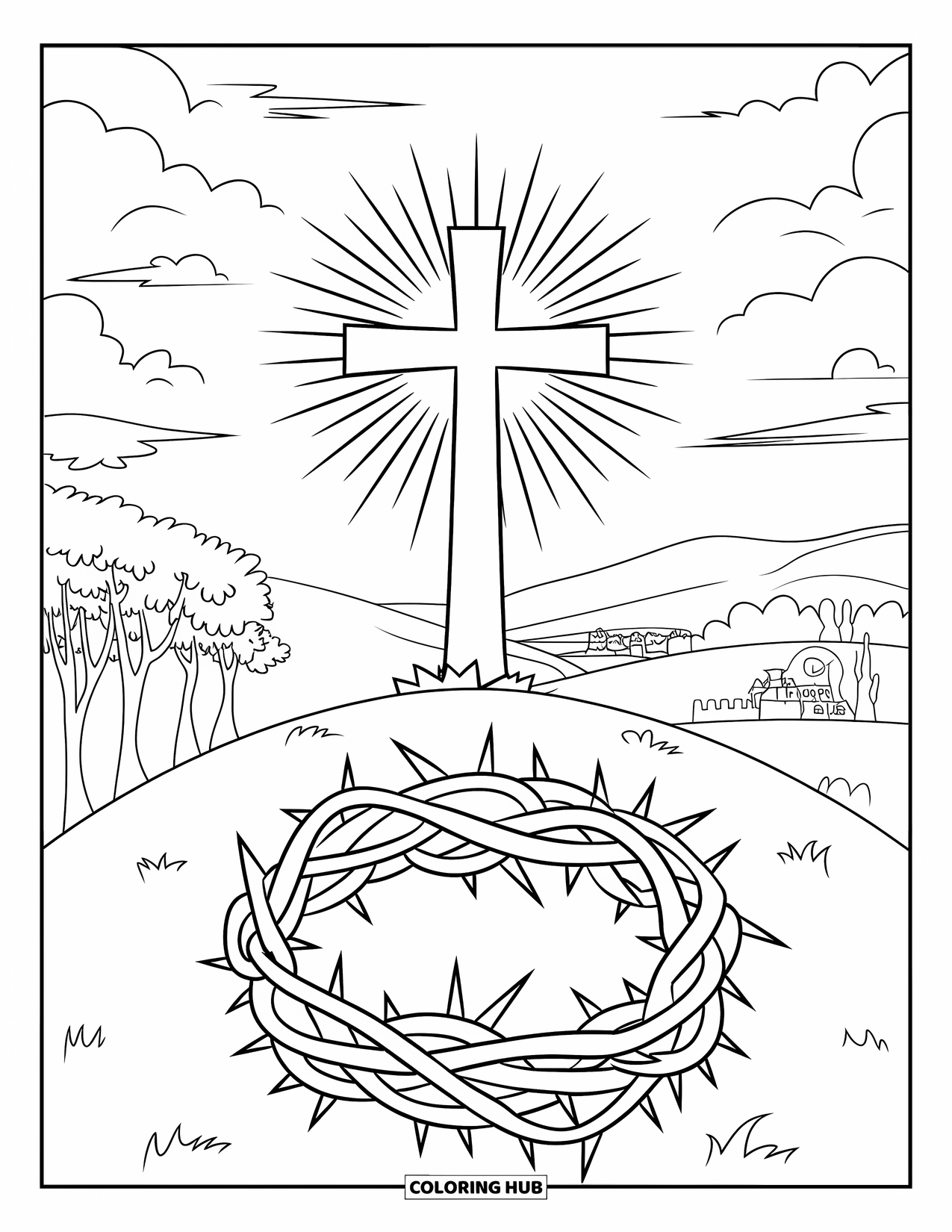 Christian Easter Coloring Page for Kids: A glowing cross with a crown of thorns labeled "Easter"