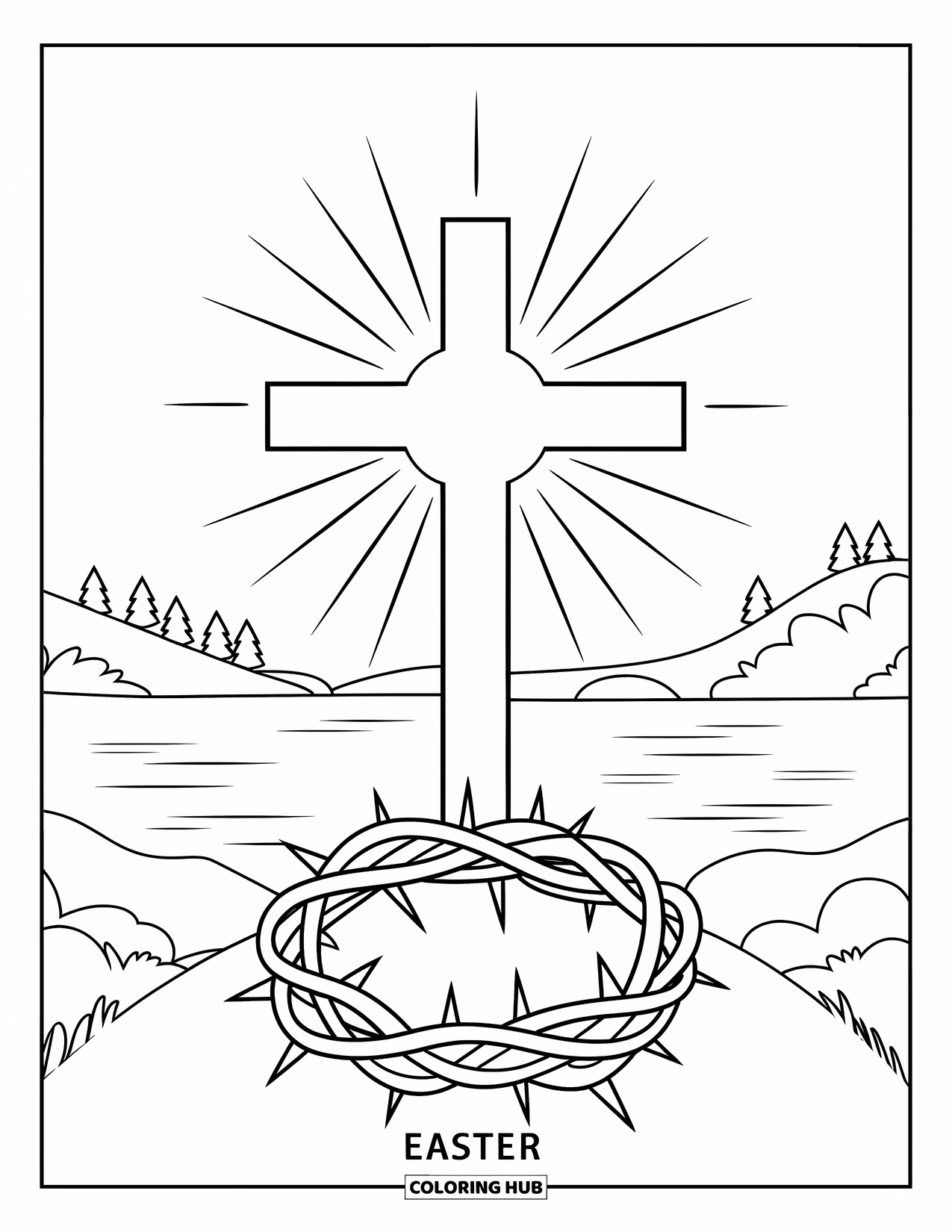 Christian Easter Coloring Page for Kids: A glowing Easter cross shines above rolling hills and trees