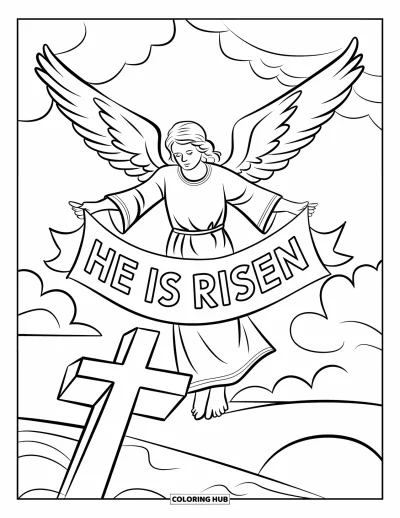Keresztény húsvéti kifestő gyerekeknek: Mennyei angyal ereszkedik le "He is Risen" szalaggal