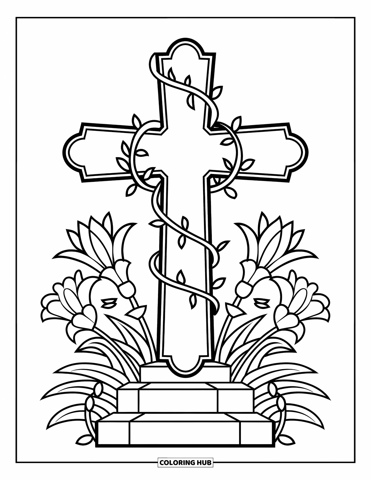 Christian Easter Coloring Page for Kids: A lily-decorated cross wrapped in vines stands proudly