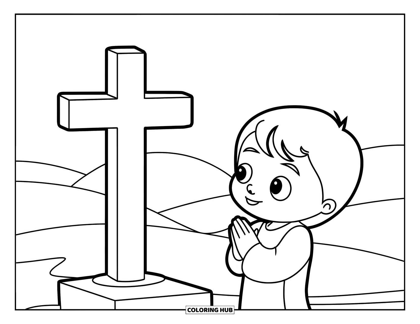 Christian Easter Coloring Page for Kids: A praying child kneels beside a tall wooden cross