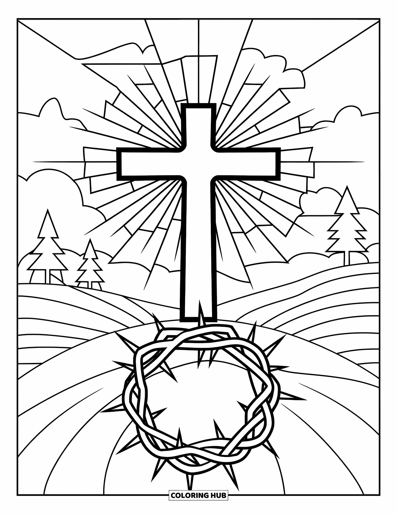 Christian Easter Coloring Page for Kids: A radiant cross and crown of thorns stand on a grassy hill