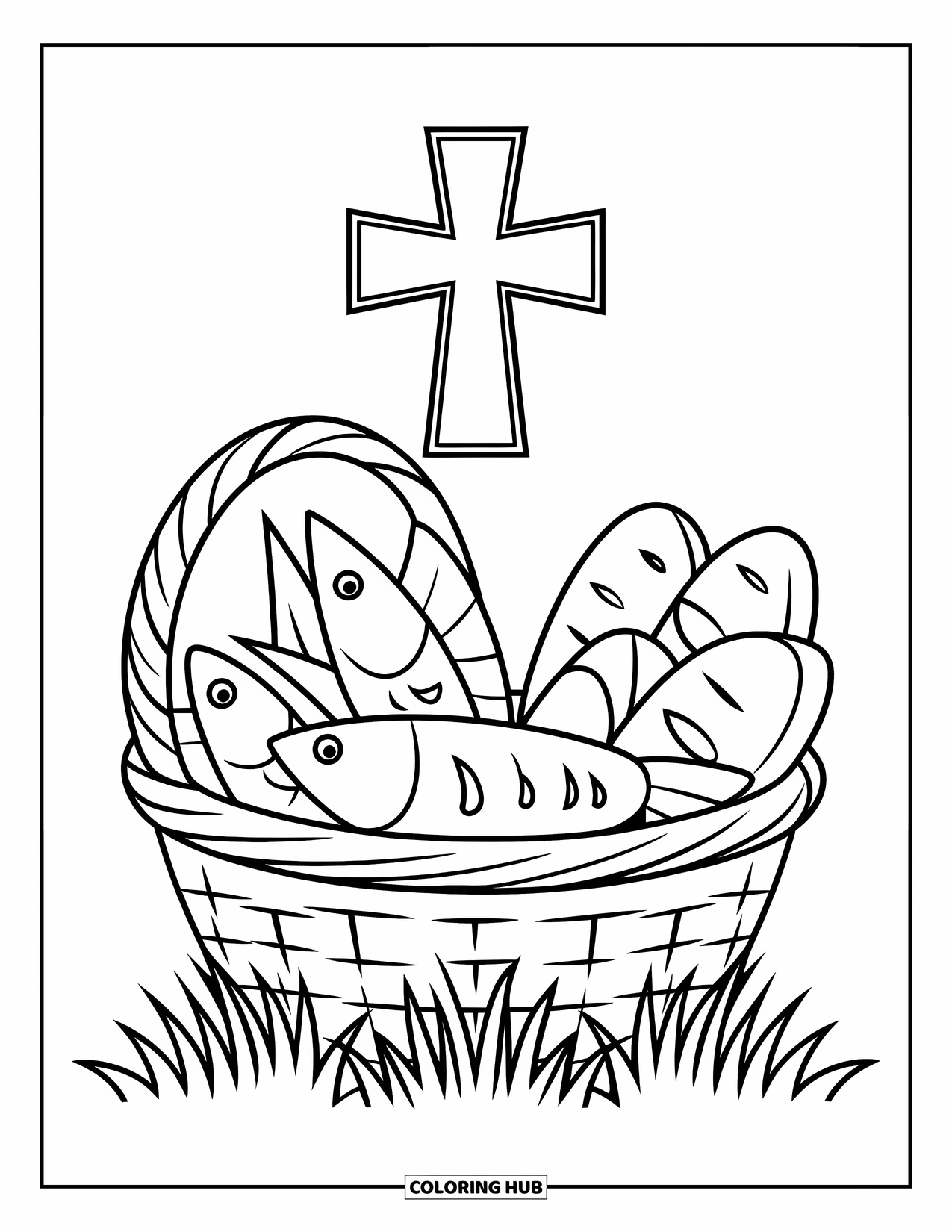 Christian Easter Coloring Page for Kids: A simple Easter basket of fish and bread beneath a cross