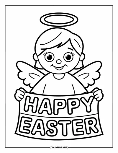 Keresztény húsvéti kifestő gyerekeknek: Mosolygó angyal magasan tartja a "Happy Easter" szalagot