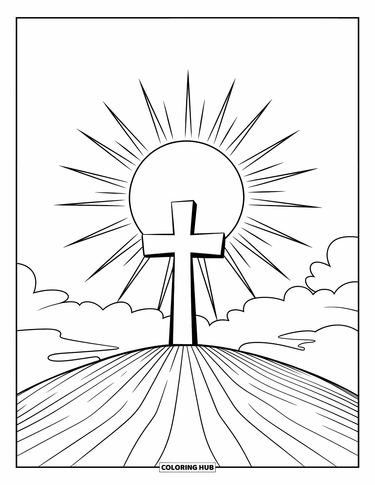 Christian Easter Coloring Page for Kids: A wooden cross on a grassy hill glows with morning light