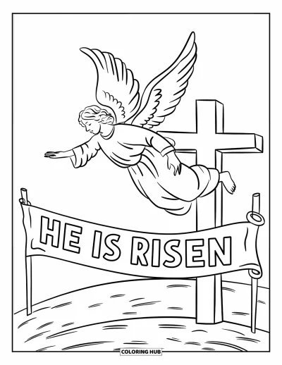 Keresztény húsvéti kifestő gyerekeknek: Angyal ereszkedik "He is Risen" szalaggal az égen