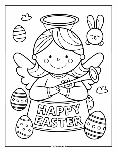 Keresztény húsvéti kifestő gyerekeknek: Mosolygó angyal tart egy "Happy Easter" feliratú szalagot