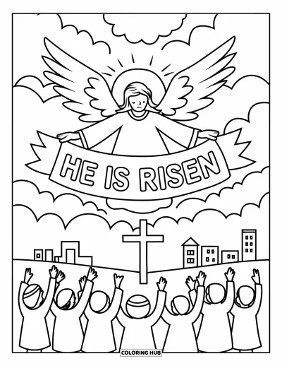 Keresztény húsvéti kifestő gyerekeknek: Angyal "He is Risen" szalaggal ereszkedik le a tömeg felett
