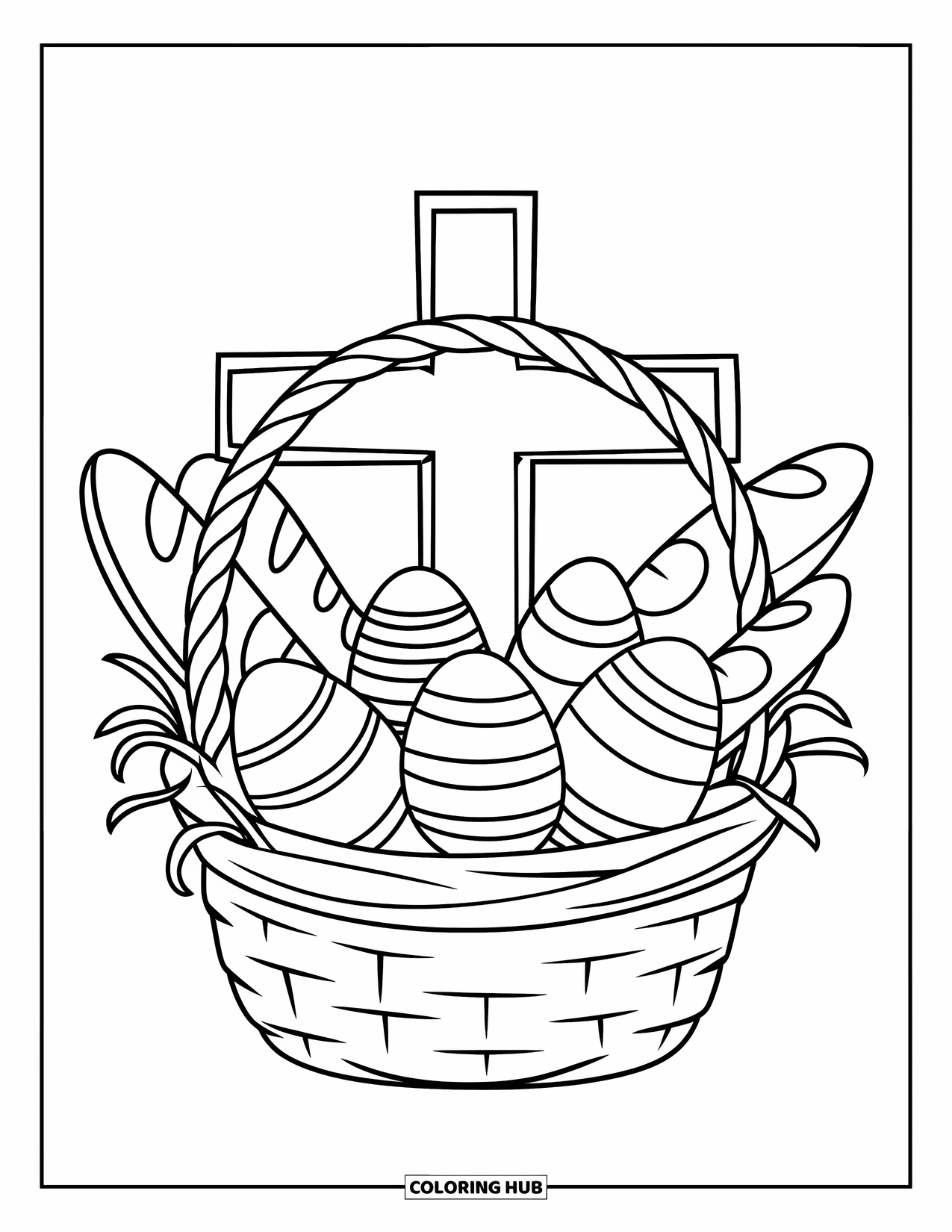Christian Easter Coloring Page for Kids: An Easter basket with bread, fish, and a cross behind it