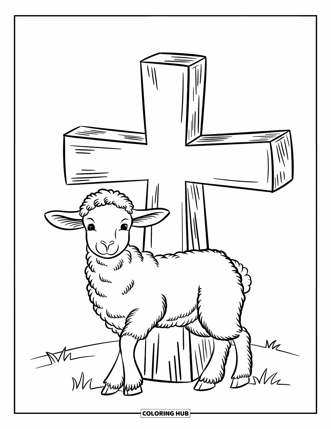 Christian Easter Coloring Page for Kids: An Easter lamb stands peacefully beside a tall cross