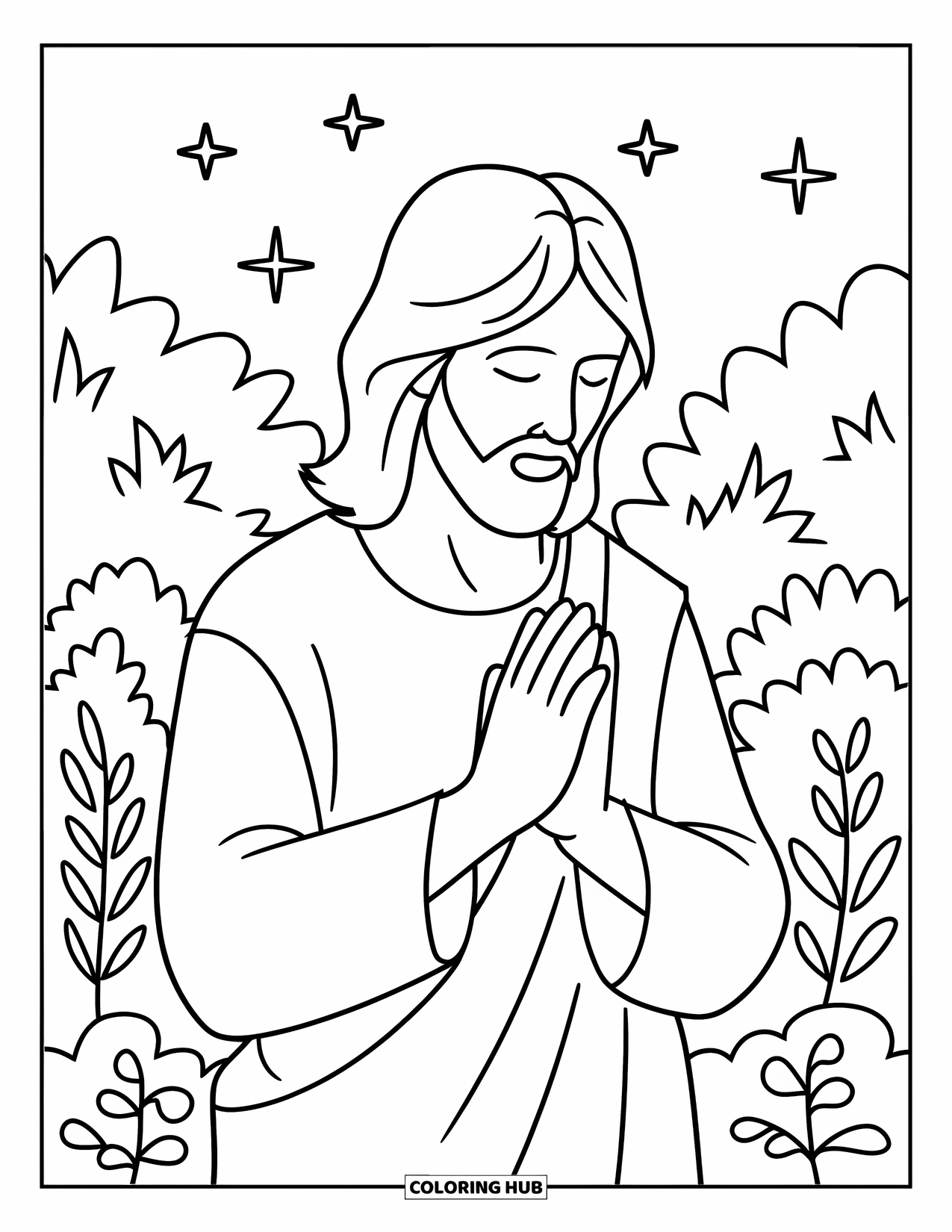 Christian Easter Coloring Page for Kids: Jesus prays in the Garden beneath the stars and trees