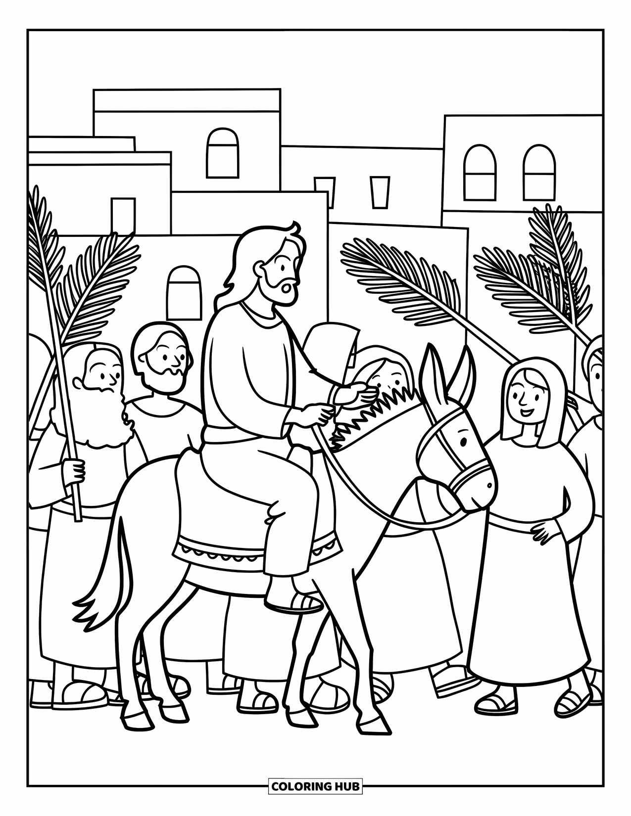 Christian Easter Coloring Page for Kids: Jesus rides through town on a donkey amid waving palms