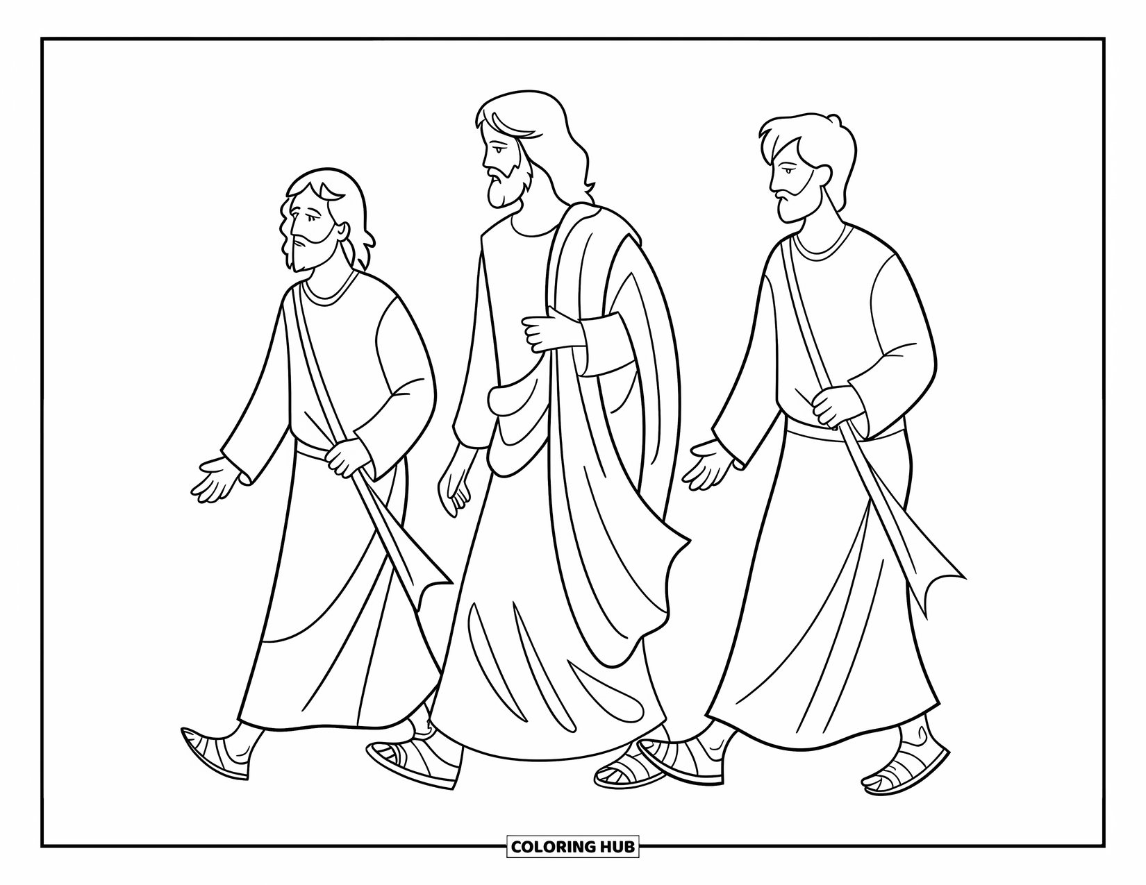 Christian Easter Coloring Page for Kids: Jesus walks with two disciples on the road to Emmaus