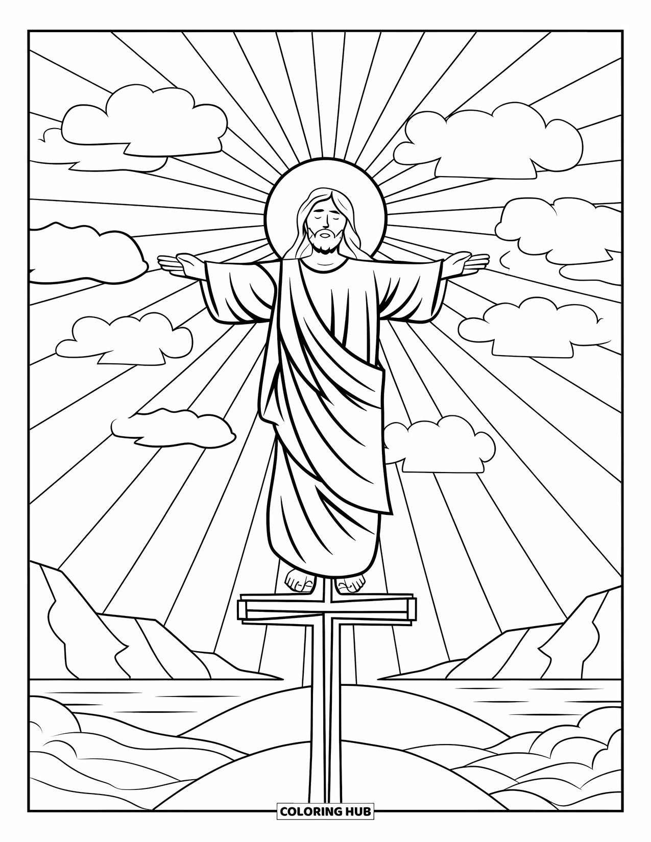 Christian Easter Coloring Page for Kids: Jesus with a halo stands on a hill under radiant skies