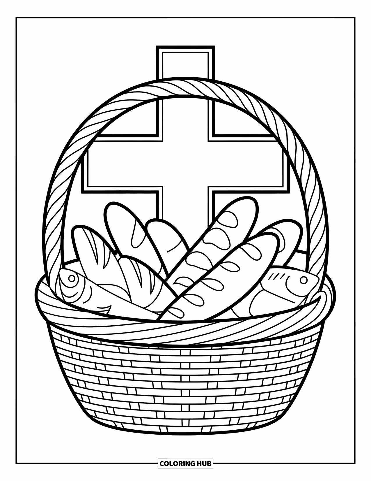 Christian Easter Coloring Page for Kids: Loaves and fish sit in a basket before a simple cross