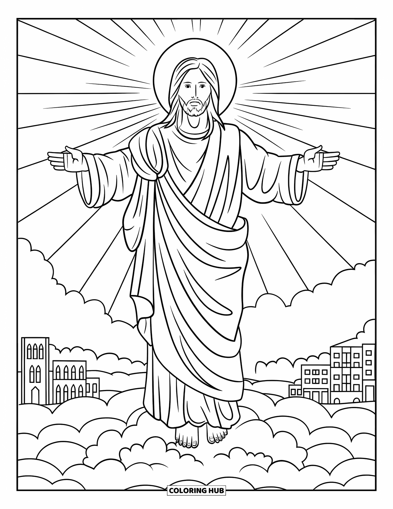 Christian Easter Coloring Page for Kids: The risen Jesus stands surrounded by rays of light