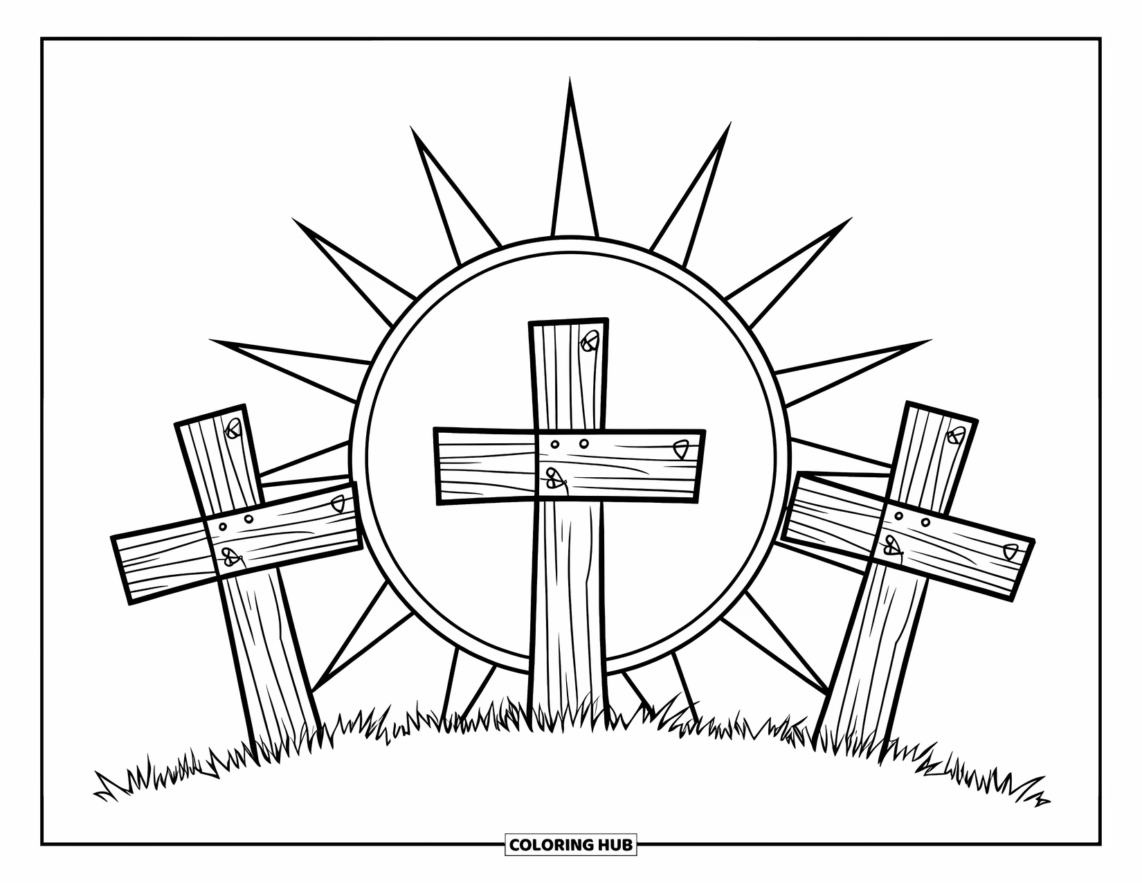 Christian Easter Coloring Page for Kids: Three wooden crosses glow beneath a bold sun's rays