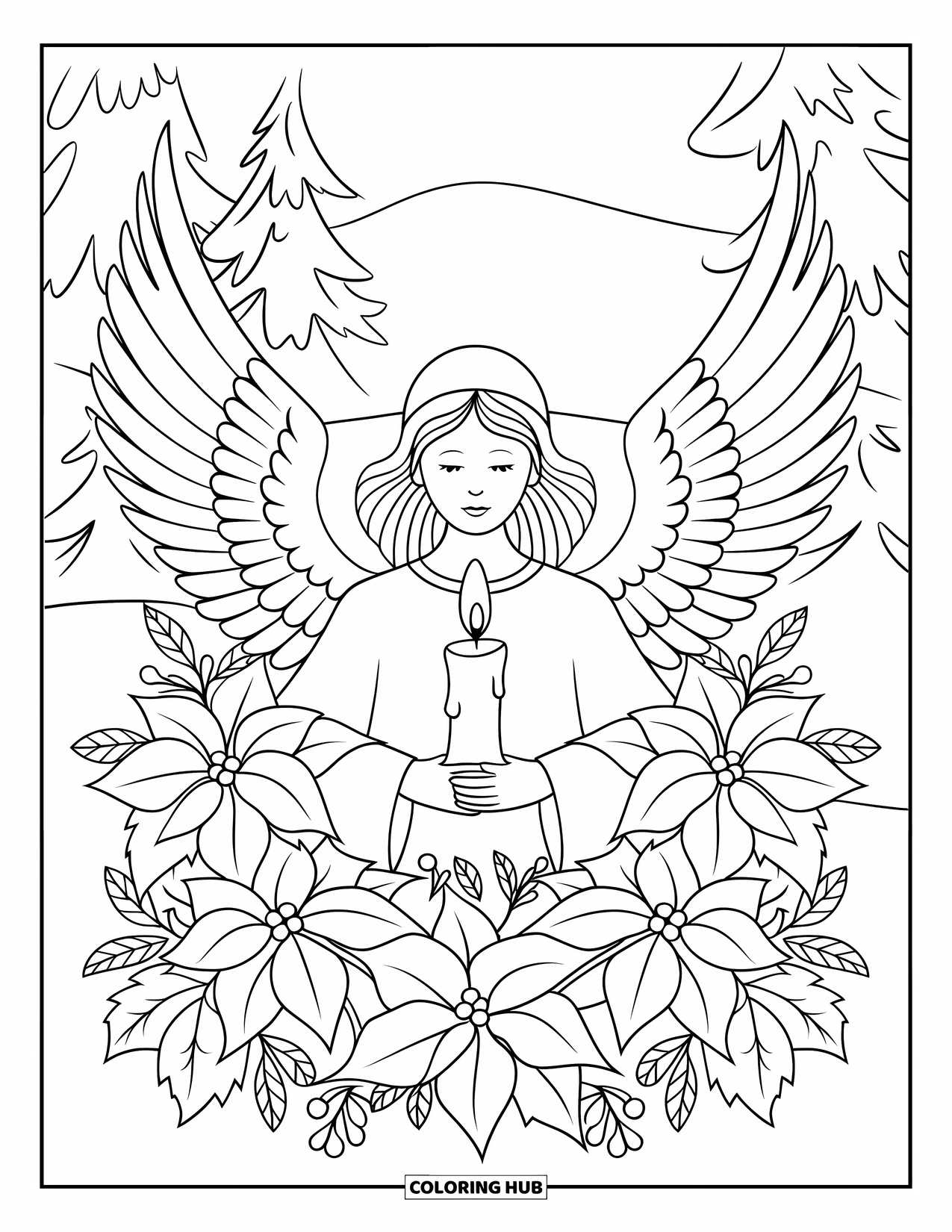 Christmas Angel Coloring Page for Adults: A candle-holding angel is surrounded by poinsettias, holly, and snowy trees