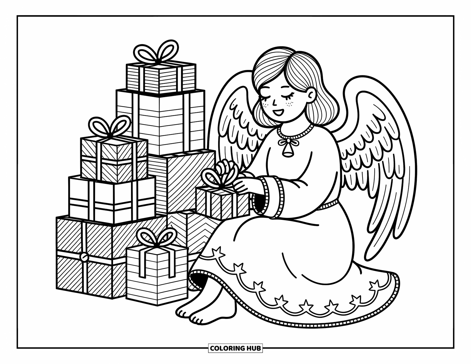 Christmas Angel Coloring Page for Adults: A cheerful angel finishes wrapping a gift among swirling ribbons and stacked presents