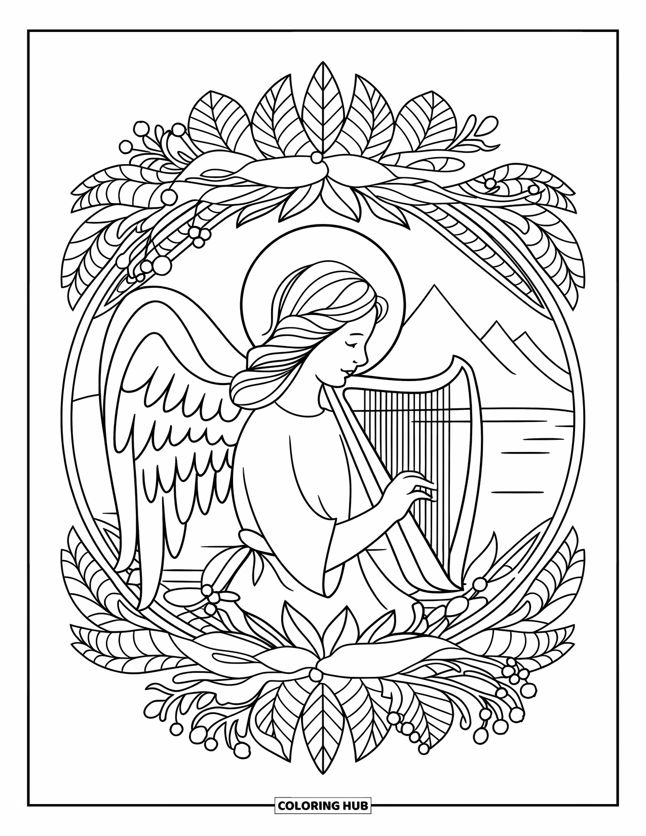 Christmas Angel Coloring Page for Adults: A haloed angel plays harp surrounded by floral mandala and a peaceful lake scene