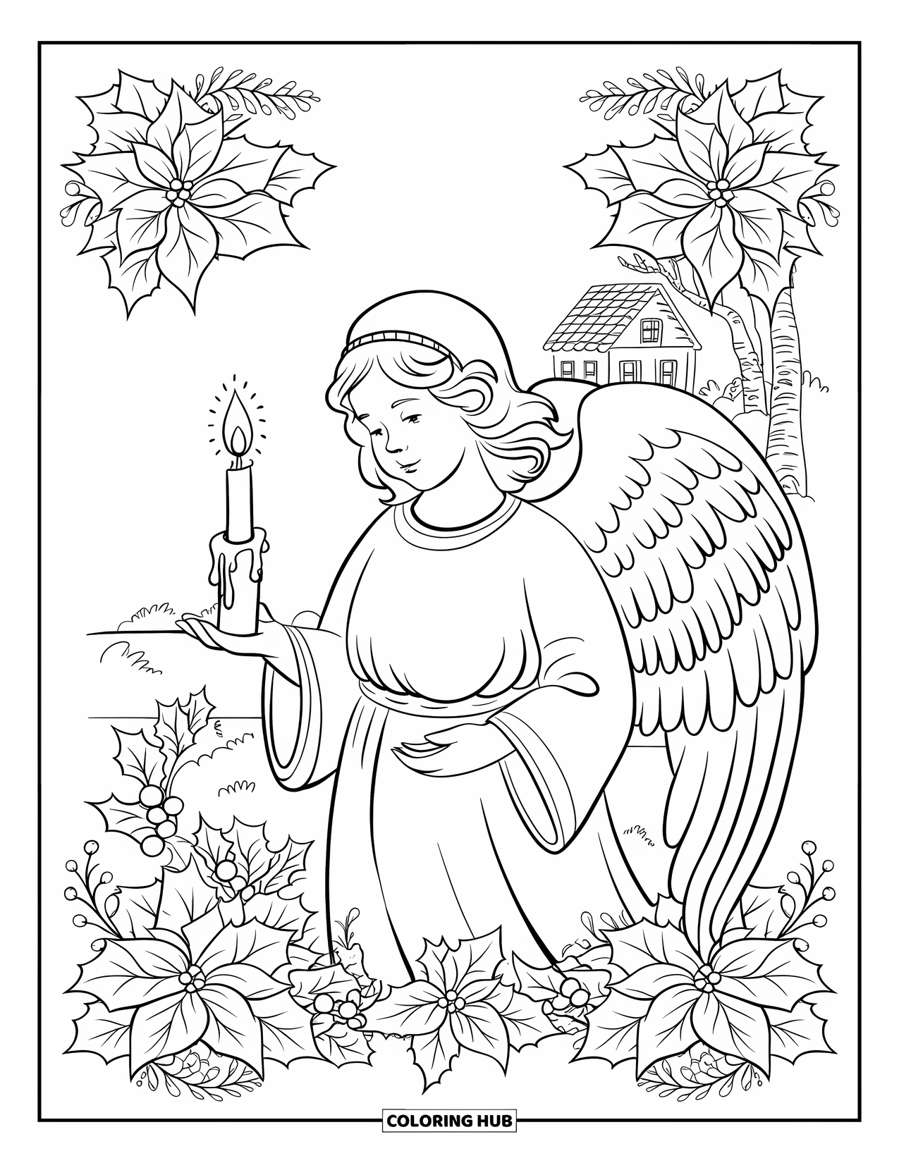 Christmas Angel Coloring Page for Adults: A serene angel with a candle stands near a cottage and tree framed by holly