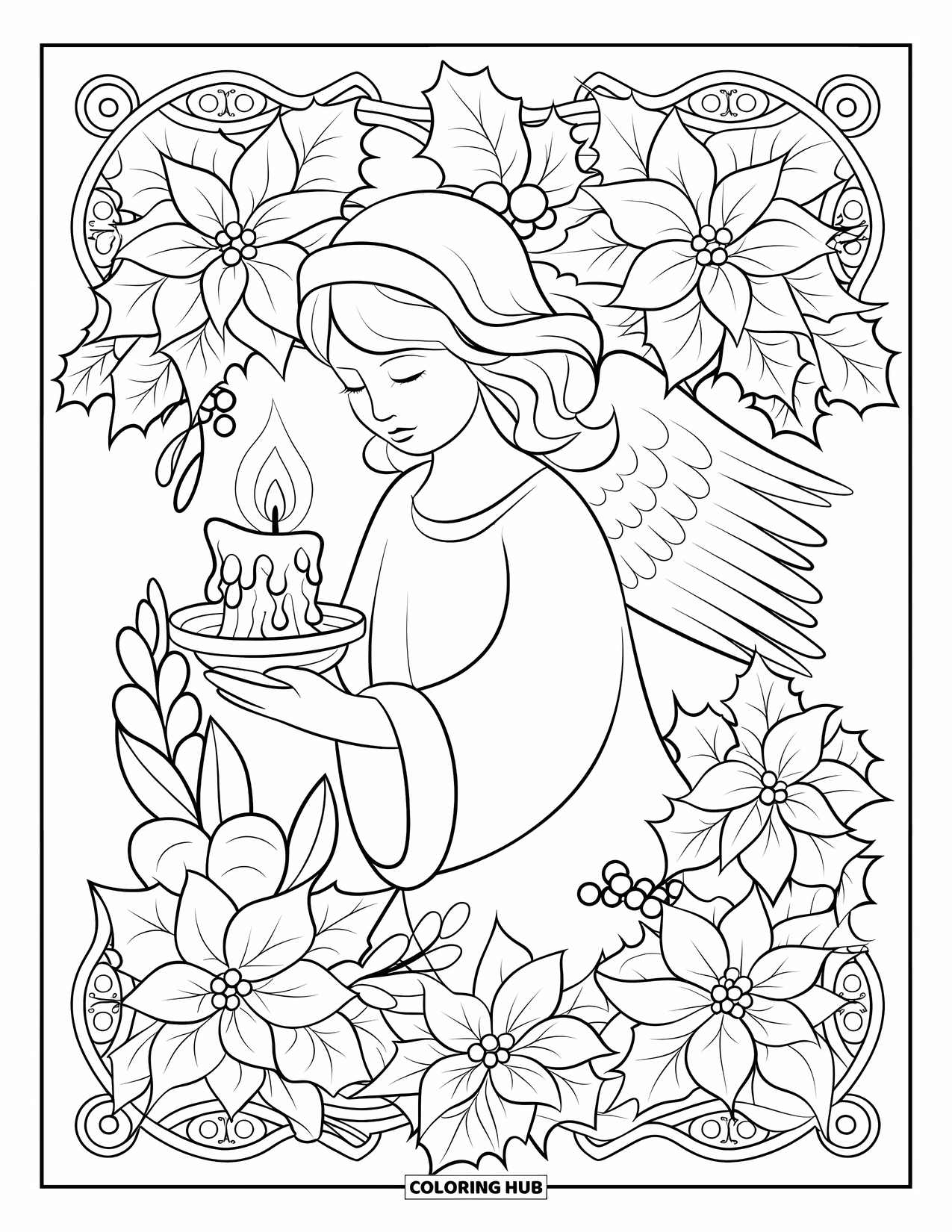 Christmas Angel Coloring Page for Adults: An angel holds a candle with poinsettias and a patterned decorative border