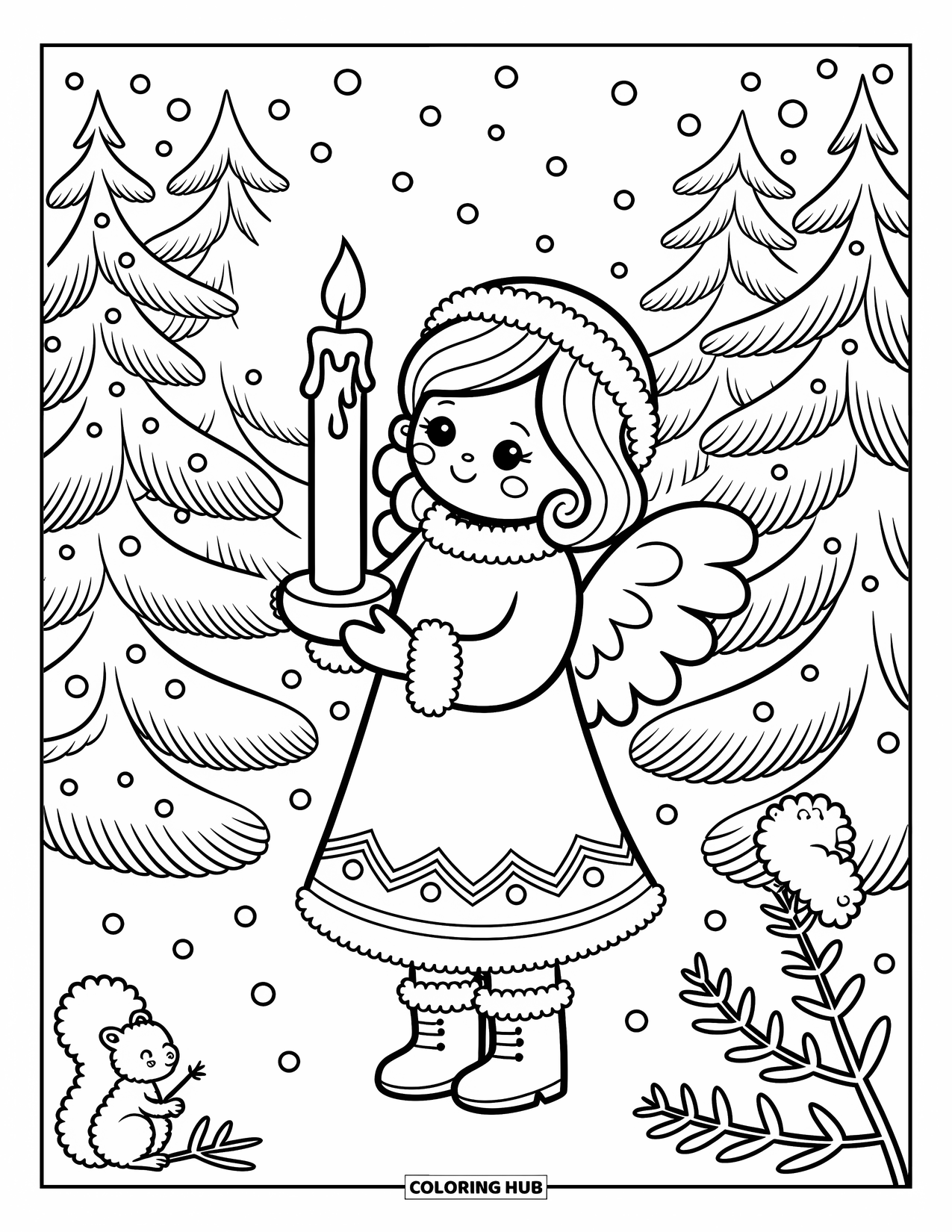 Christmas Angel Coloring Page for Adults: An angel stands in a snowy forest holding a glowing candle as snow gently falls