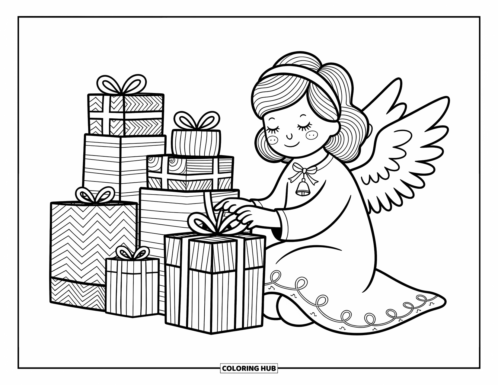 Christmas Angel Coloring Page for Adults: An angel ties a ribbon on a gift surrounded by festive presents and twinkling joy