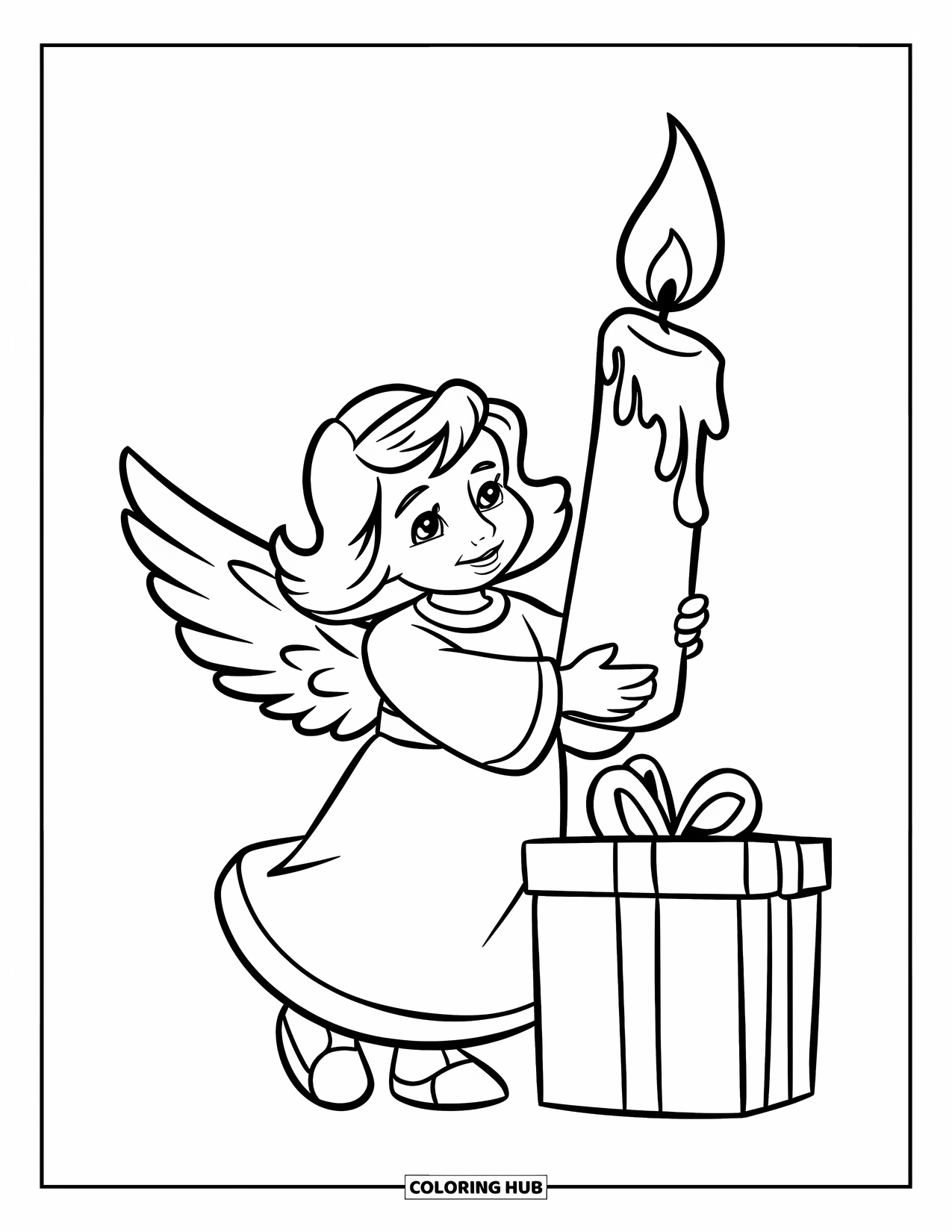 Christmas Angel Coloring Page for Kids: A candle-holding angel smiles beside a gift with a simple starry backdrop