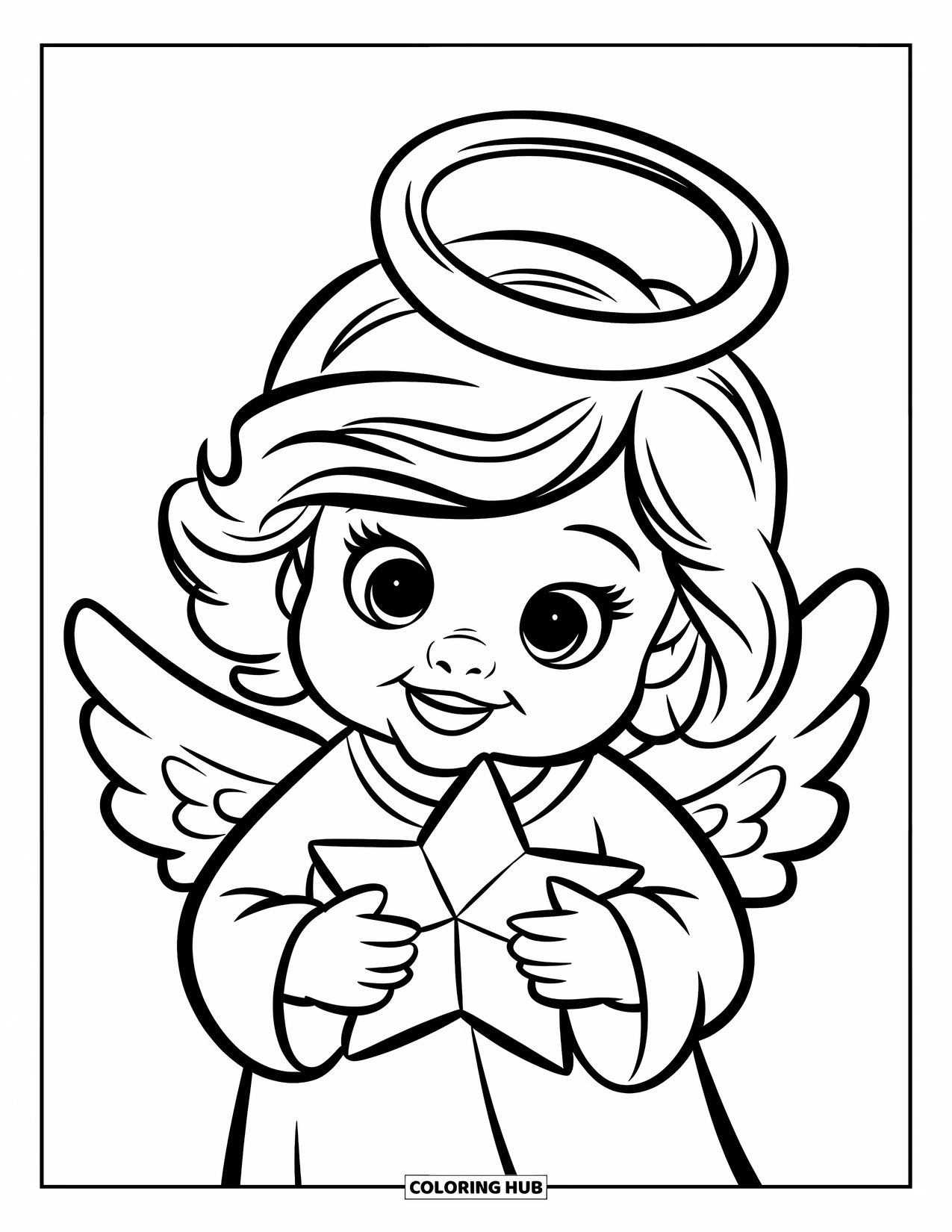 Christmas Angel Coloring Page for Kids: A cheerful angel smiles while holding a Christmas star in a white scene