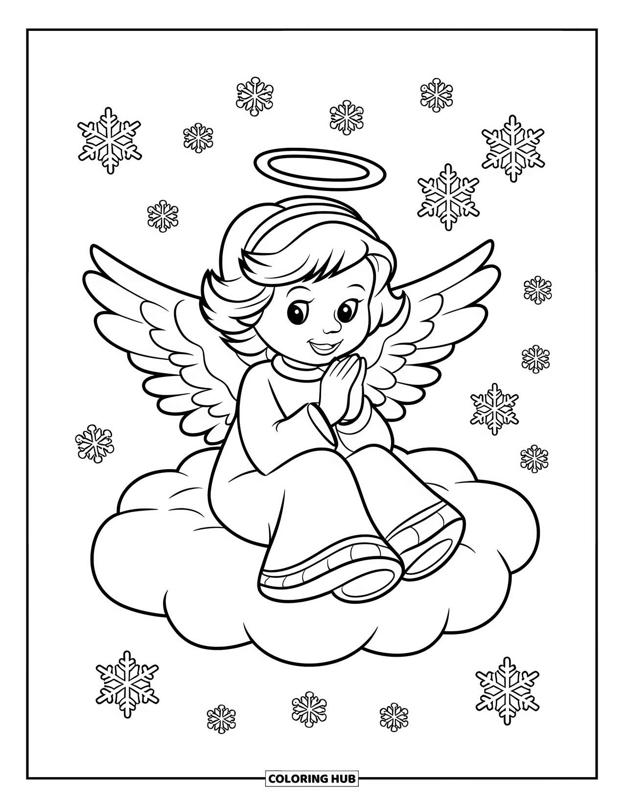 Christmas Angel Coloring Page for Kids: A Christmas angel sits on a cloud with snowflakes gently falling