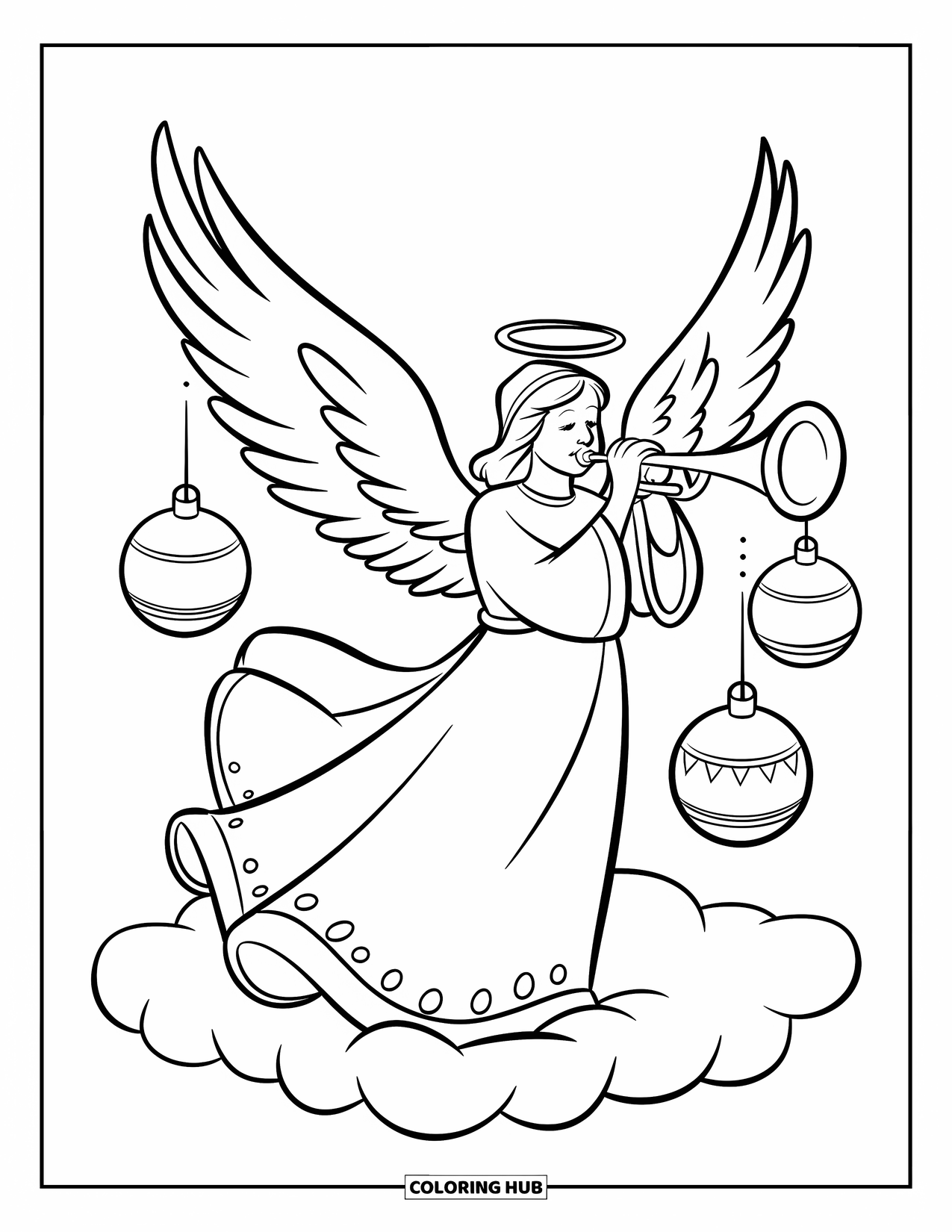 Christmas Angel Coloring Page for Kids: A Christmas angel stands on a cloud blowing a trumpet with ornaments nearby