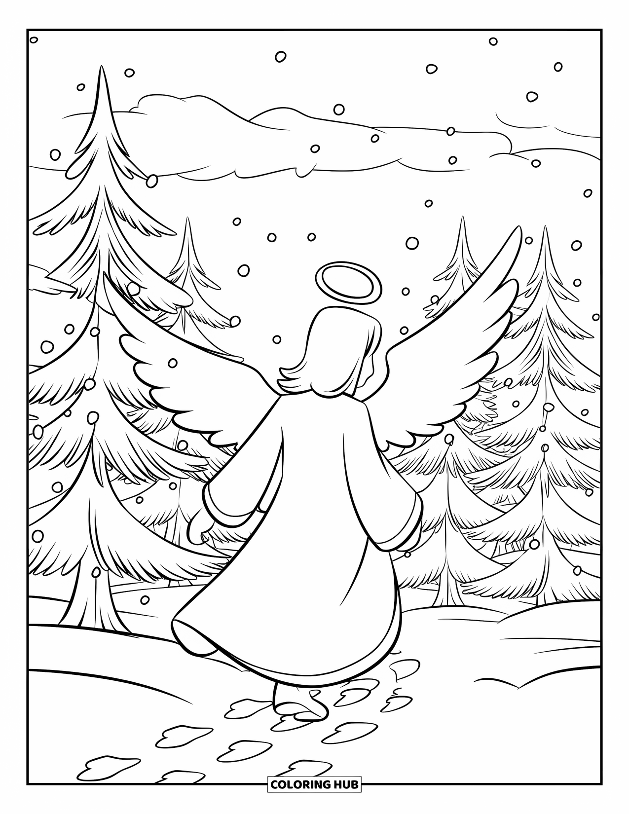Christmas Angel Coloring Page for Kids: A Christmas angel walks through pine trees as snow falls gently around her