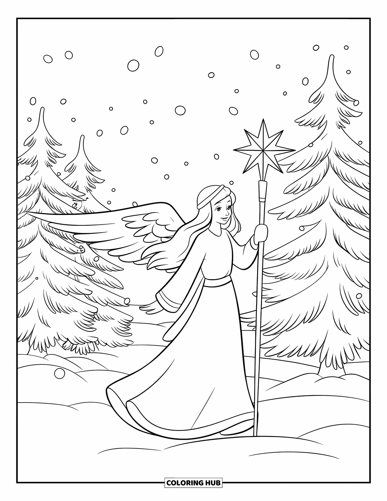 Christmas Angel Coloring Page for Kids: A Christmas angel walks through snowy pine trees holding a glowing star staff