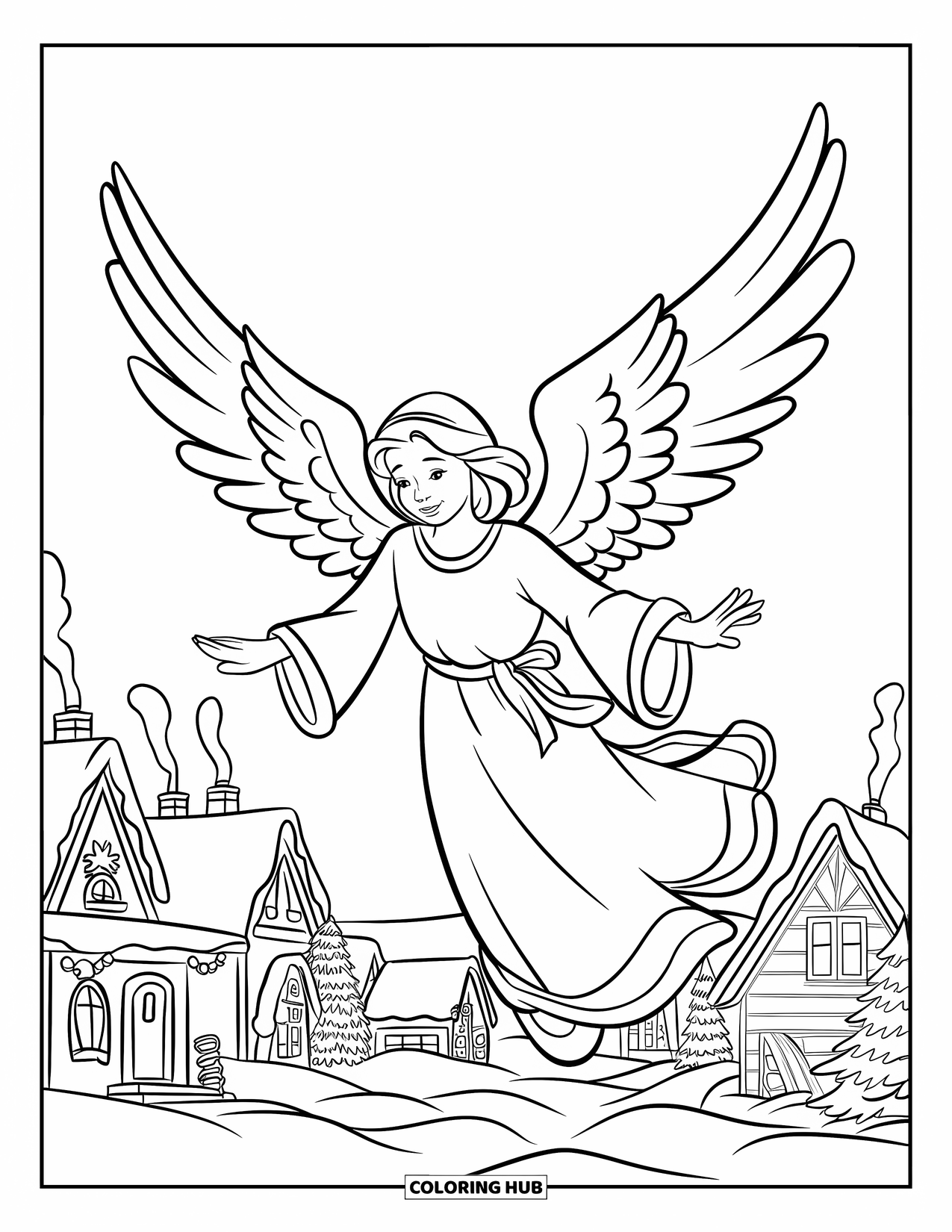 Christmas Angel Coloring Page for Kids: A Christmas angel with a red sash flies over snowy rooftops and trees