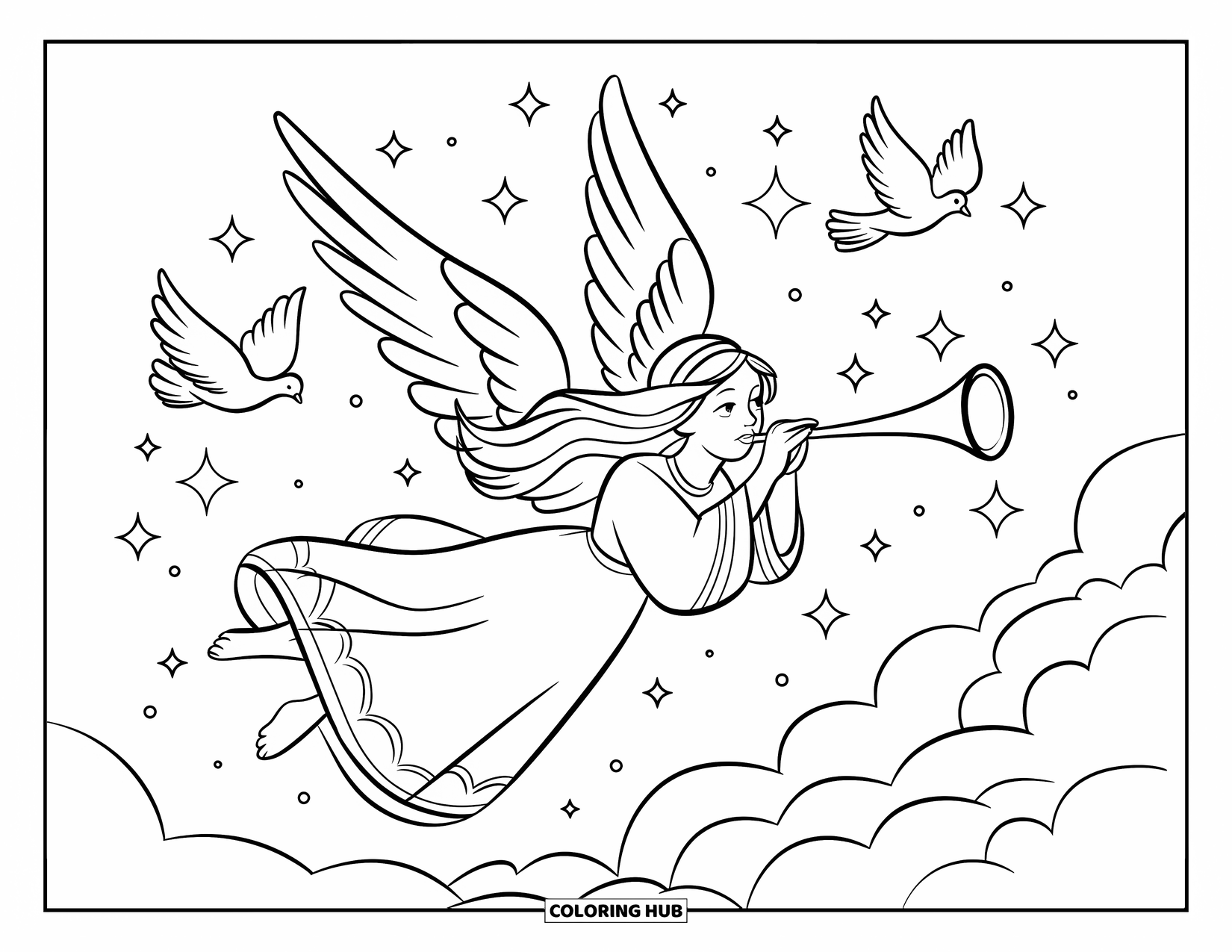 Christmas Angel Coloring Page for Kids: A Christmas angel with golden trim flies among sparkles and doves in the sky
