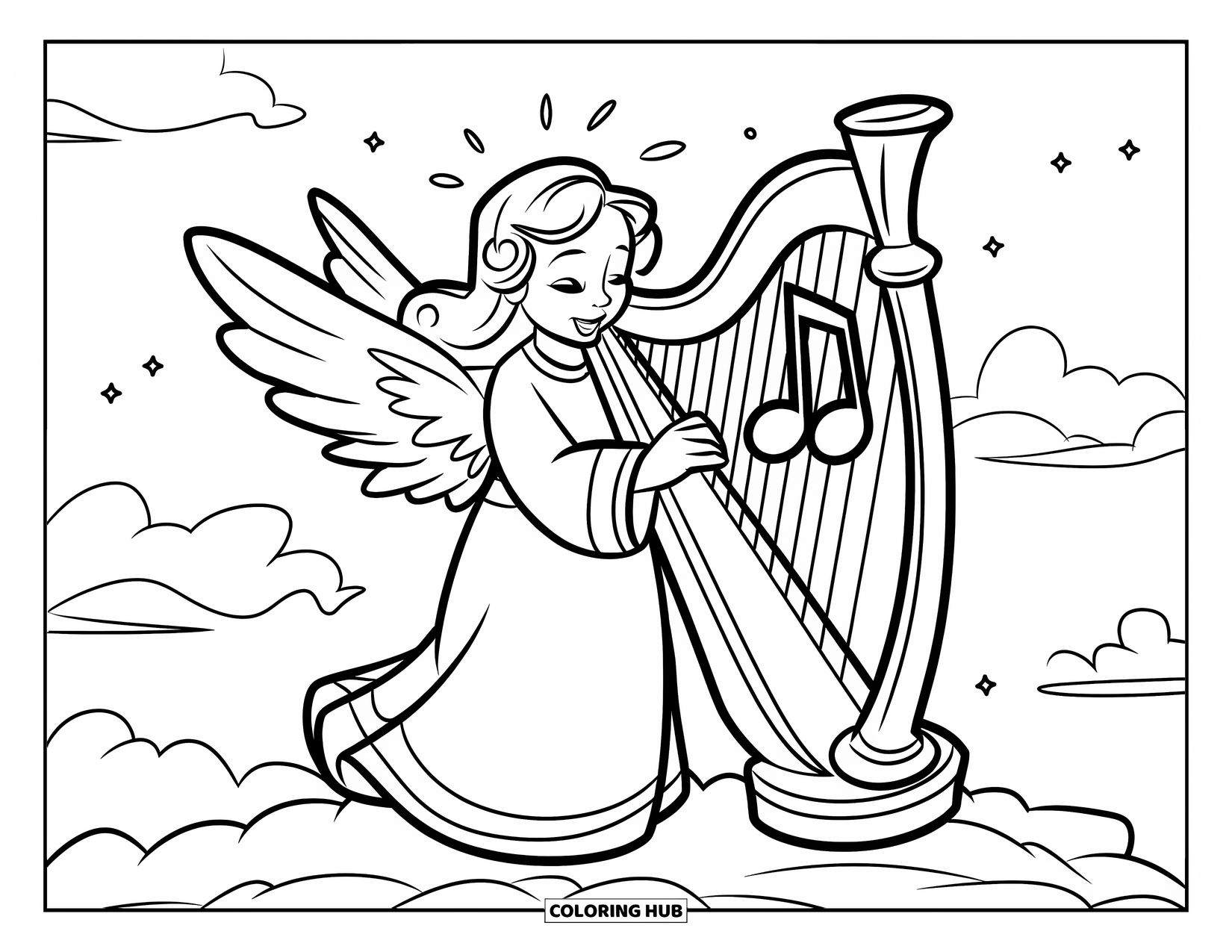 Christmas Angel Coloring Page for Kids: A curly-haired angel stands on a cloud playing harp under soft stars