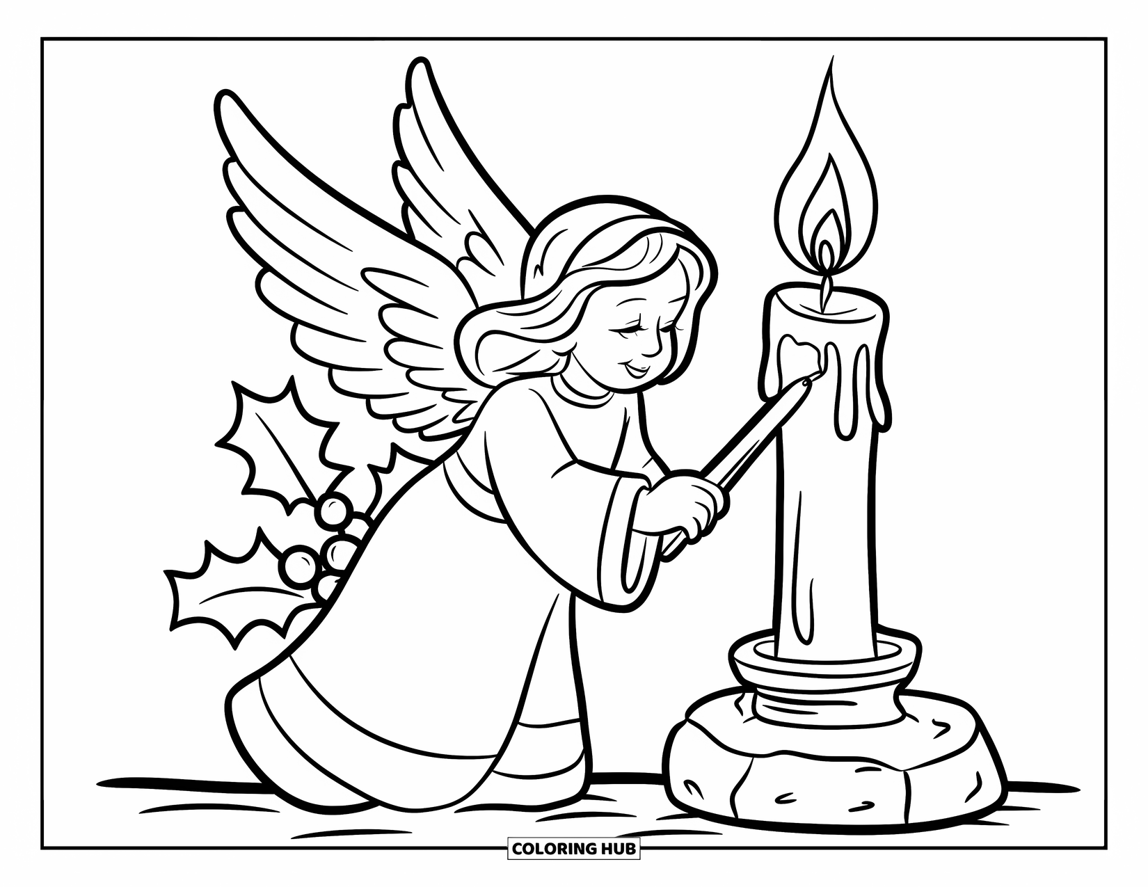 Christmas Angel Coloring Page for Kids: A glowing angel lights a tall candle with holly in a peaceful Christmas scene