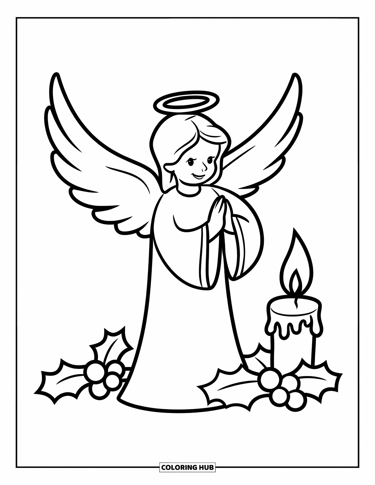 Christmas Angel Coloring Page for Kids: A haloed angel stands beside a candle and holly in a white scene