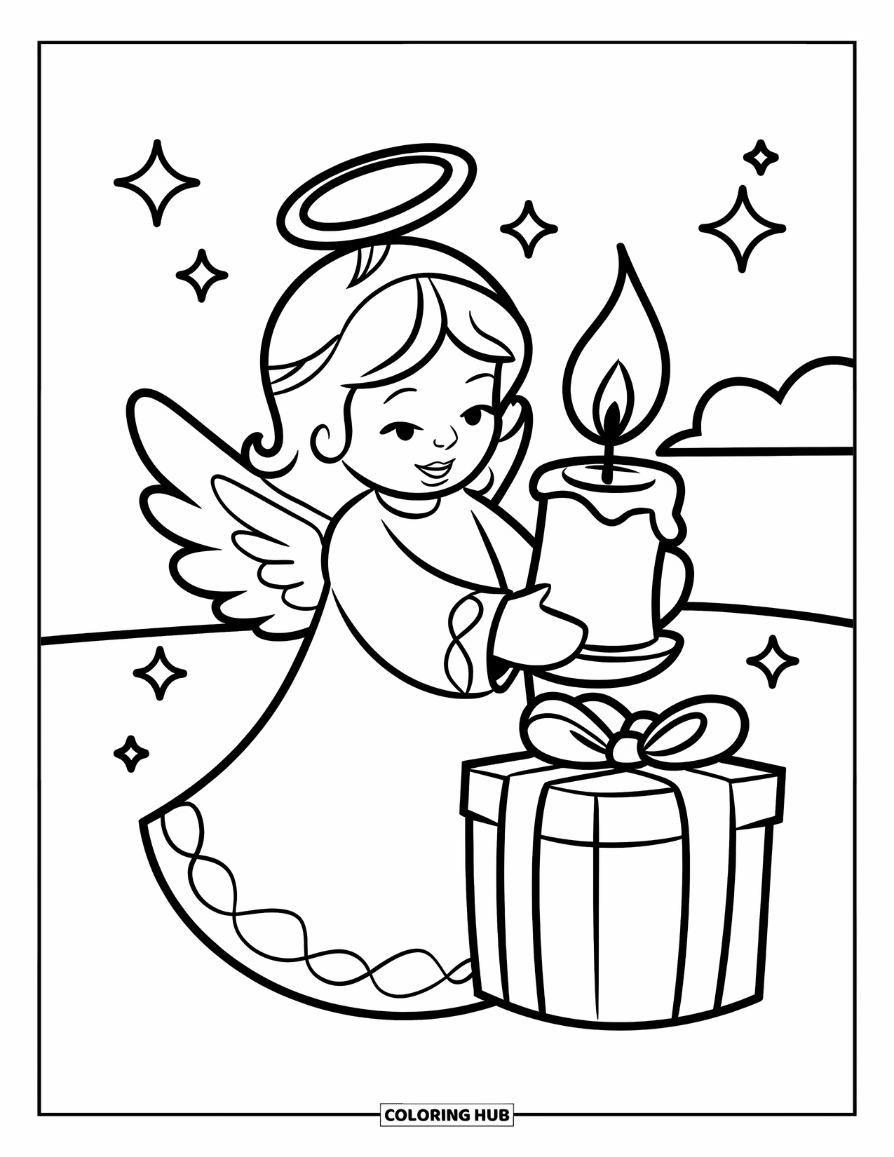 Christmas Angel Coloring Page for Kids: A haloed angel stands near a gift and candle under a few stars
