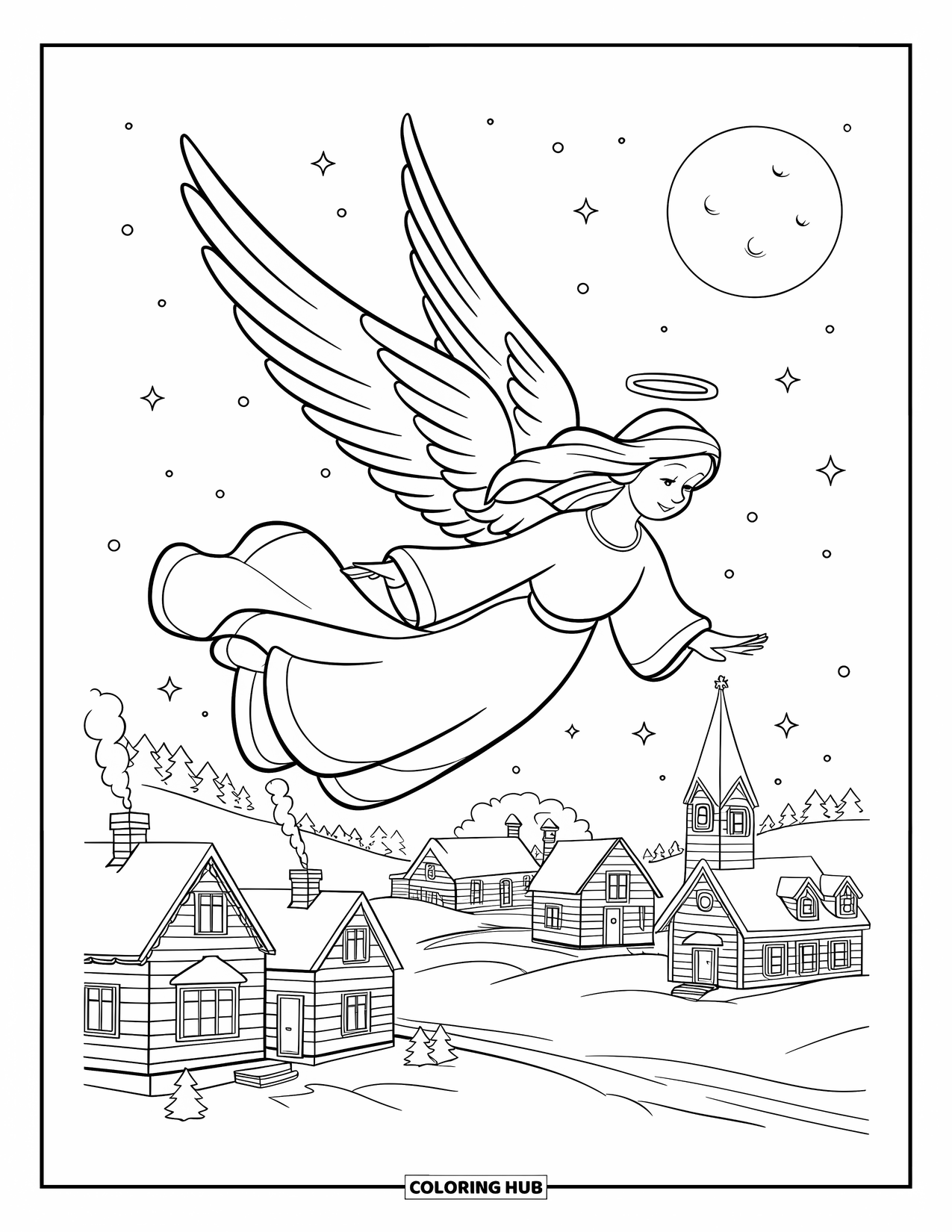 Christmas Angel Coloring Page for Kids: A haloed angel with flowing wings flies above snowy homes and a steepled church