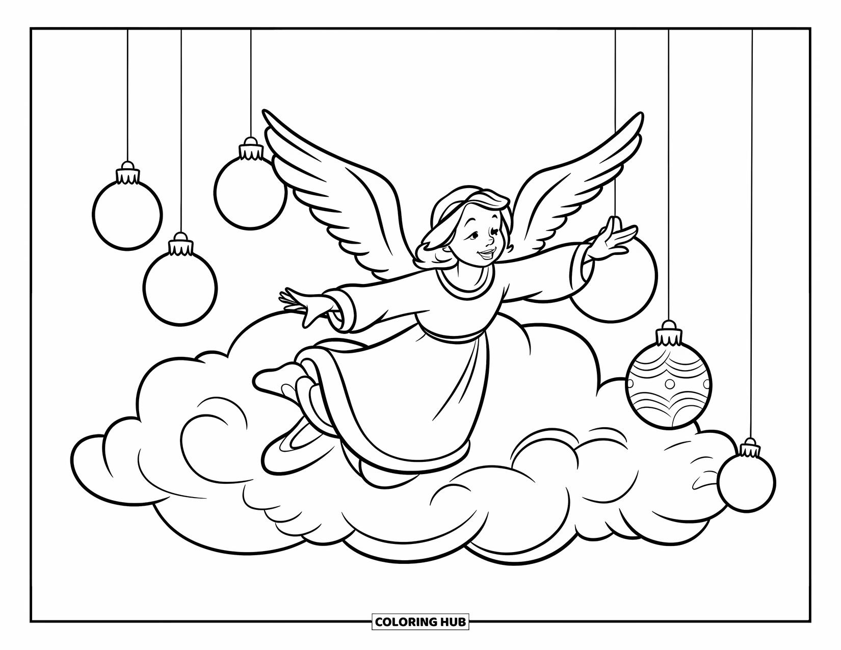 Christmas Angel Coloring Page for Kids: A happy angel floats over a cloud and ornaments in a clear sky