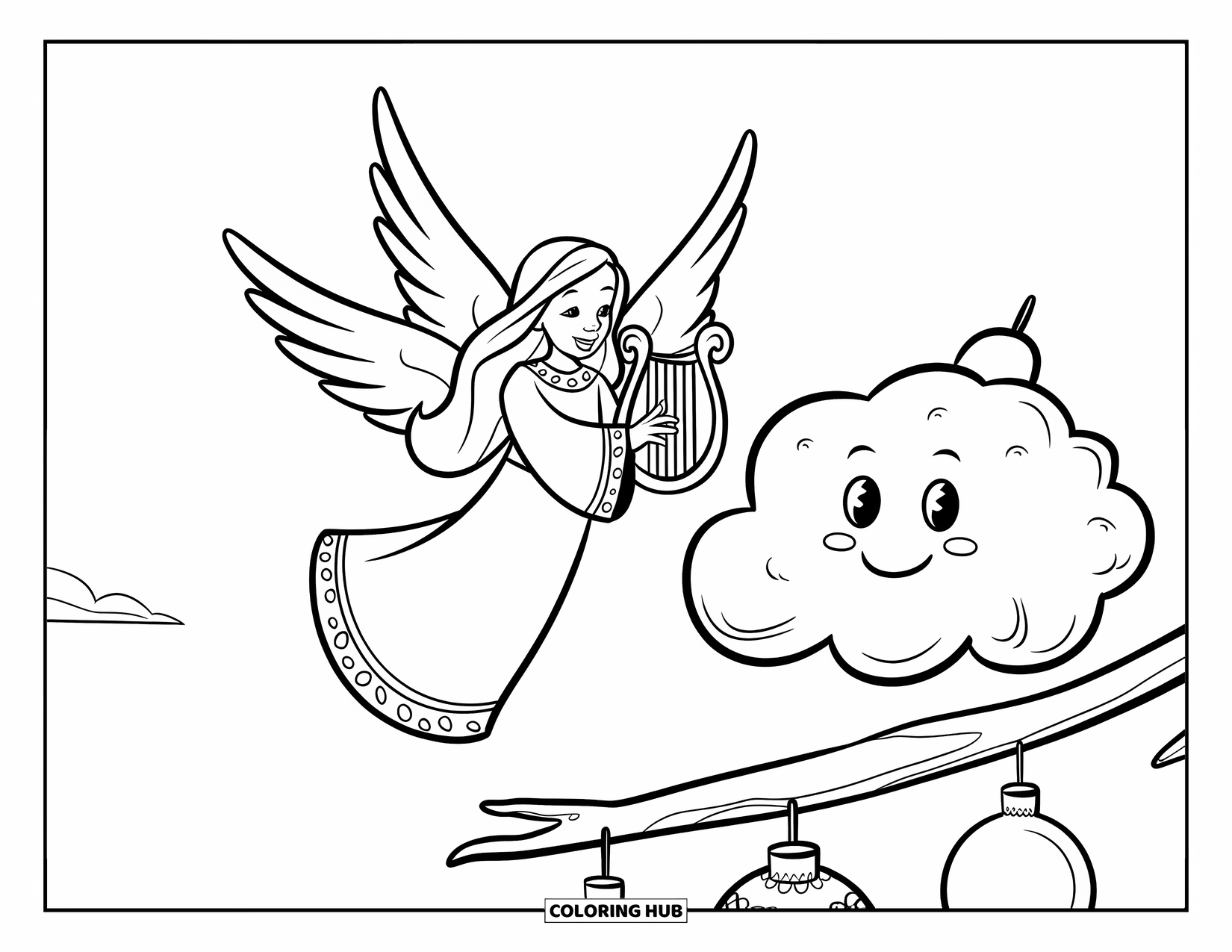 Christmas Angel Coloring Page for Kids: A harp-playing angel smiles above a fluffy cloud with hanging ornaments