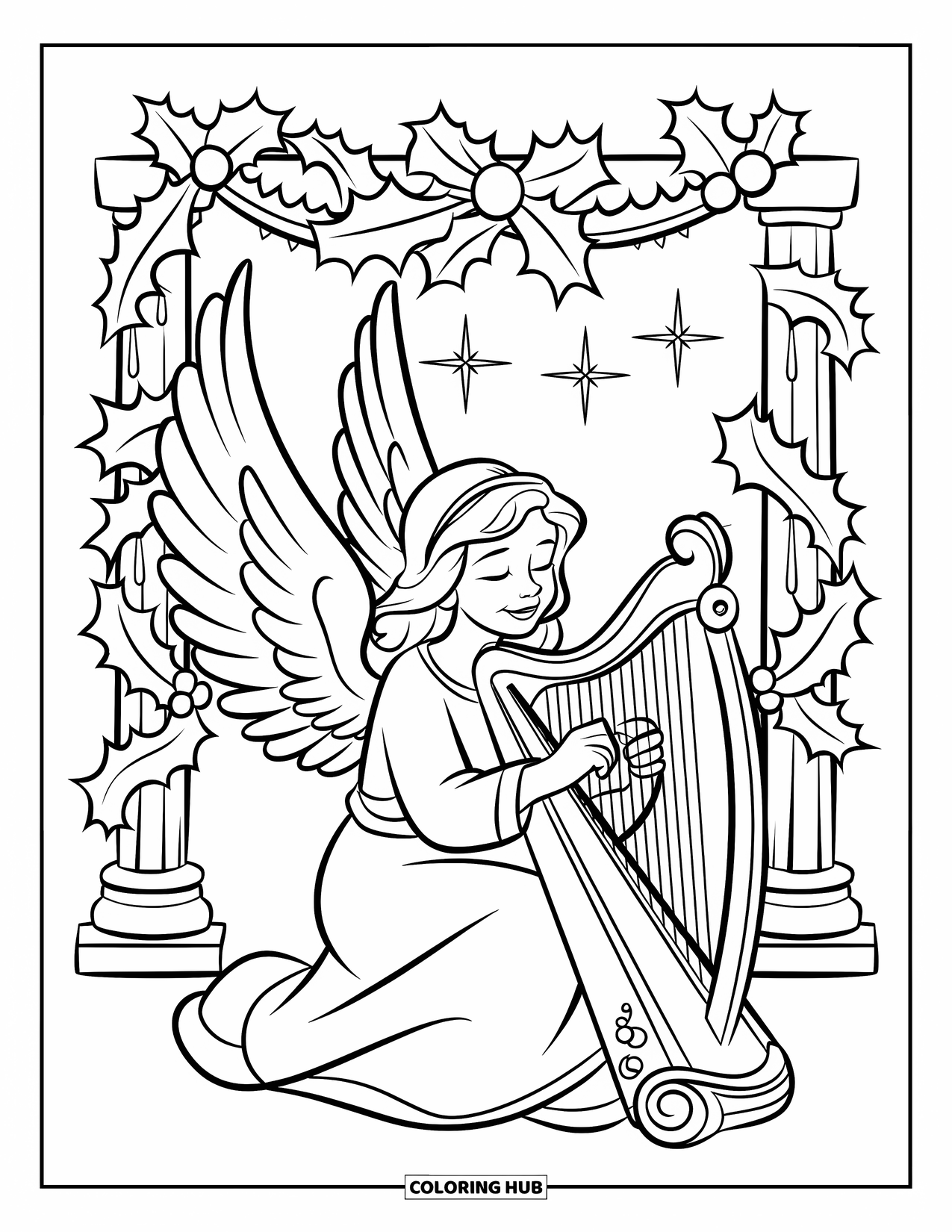 Christmas Angel Coloring Page for Kids: A joyful angel plays a harp beneath a garland of holly and stars